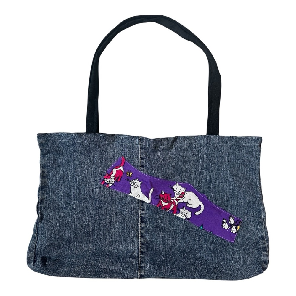 Cute Handmade Denim Double Handle Tote Bag with Cat Accent